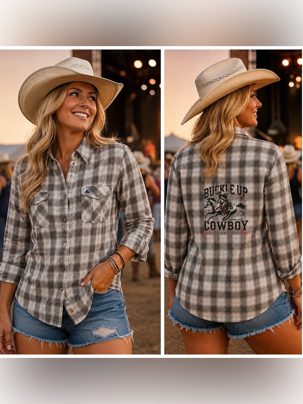 Carhartt Western Gray Plaid Women's Button-Up Shirt with Rodeo Graphic Back Sz M